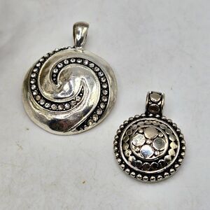 "5/$25" Set Of 2 Medallion Circle Silver Tone Pendants Rhinestone Swirl